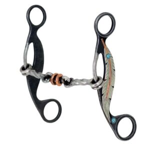Feather engraved lift gag bit with antiqued shanks, turquoise accents and twisted mouthpiece with copper rollers